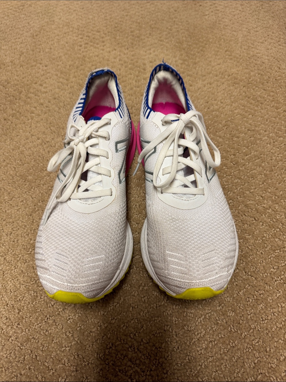New Balance White Women's Athletic Sneakers with Pink, Blue and Yellow Accents